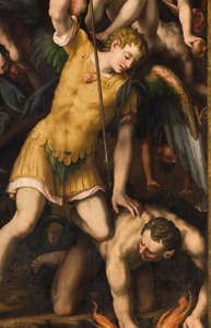 Nordlige tværskib, Ærkeenglen St. Michaels alter, Ærkeenglen Michael dræber den onde, Giulio Campi 1566, Detalje