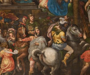 Væg over for modfacaden i det sydlige tværskib, Giuseppe Campi, Mordokajs triumf 1567, detalje nederste del af Giulio Campi