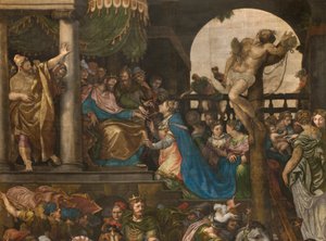 Mur modsat modfacaden af det sydlige tværskib, Giuseppe Campi, Triumph of Mordecai 1567, Detalje høj del af Giulio Campi