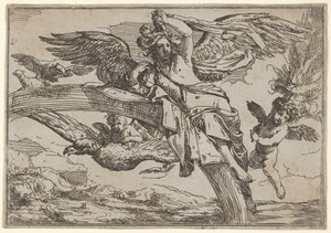 Luft, repræsenteret af Iris tilbagelænet på sin regnbue, ledsaget af en bevinget putto bearin..., 1640-60. af Giulio Carpioni