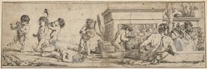 Bacchanal med spædbarnssatyrer og putti til venstre, en nøgen mandsskikkelse læner sig tilbage foran o..., 1633-78. af Giulio Carpioni