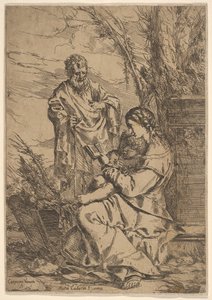 Hellig Familie med Jomfruen læser, Jomfruen sidder i profil med en bog i venstre side..., 1640-60. af Giulio Carpioni
