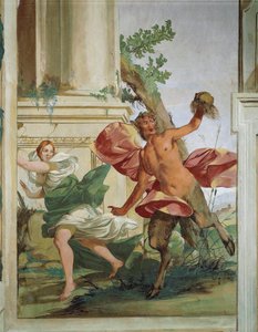 Nymfe Korsika jaget af Satyr, der trækker hendes paryk væk af Giulio Carpioni