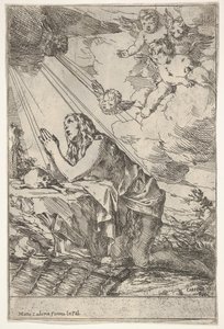 Den angrende Magdalen knæler på en stenet grund foran et kranium og knogler, en salve ..., ca. 1640-55. af Giulio Carpioni