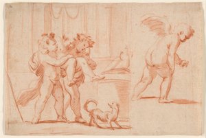 To Putti, der bærer en tredje Putto; Endnu en Putto bagfra af Giulio Carpioni