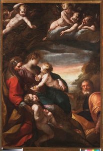 Hellig familie med Sankt Johannes og Sankt Elizabeth, ca. 1610-20 af Giulio Cesare Procaccini