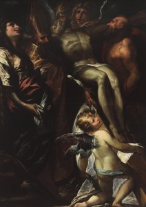 Nedstigningen fra korset med de hellige Maria Magdalene, Augustin, Hieronymus og engle, ca. 1618