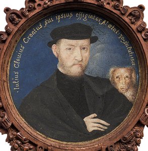 Selvportræt med hund, 1528 af Giulio Clovio