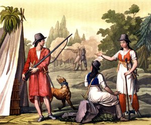 Buccaneers og kvinder flibustier: Piraten Jack Rackham siger, at Red eller John Rackham, bedre kendt som Calico Jack (? -1720) repræsenteret med Anne Bonny (Bonney) og Mary (Marc) Read i Vestindien. Tallerken taget fra ""Det gamle og moderne kostume"" af F