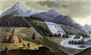 Landskab af Lapland (territorier tilhørende Norge, Sverige, Finland og Rusland), boliger for de indfødte (samer) i "" Den gamle og moderne dragt"" af Ferrario, red. Milano