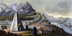 Samisk landskab: indfødte mennesker, der bor i landene i de nordlige lande (Norge, Finland, Sverige og Rusland) laver flettede kurve, renser fiskene i nærheden af et telt. i ""Det gamle og moderne kostume"" af Ferrario, red. Milano