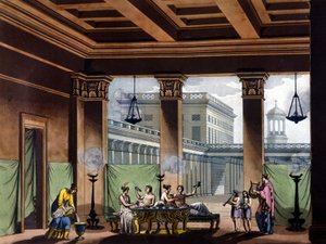 Triclinium tændte olielamper i det antikke Grækenland: banketscene - i Det gamle og moderne kostume af Jules Ferrario, red. Milano