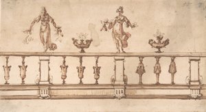 Design til en balustrade med kvindefigurer og urner, 1500-1700-tallet.