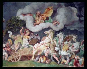 Achilleus trækker liget af Hector rundt på sin vogn, detalje fra loftet i Sala di Troia, ca. 1538 af Giulio Romano