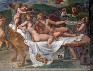 Amor og Psyche med deres datter Voluptas (fornøjelse) liggende på sengen, detalje fra bryllupsfest eller gudernes banket, fresko af Giulio Romano (1499-1546), Palazzo Te, Mantua (UNESCOs verdensarvsliste, 2008), Lombardiet, Italien