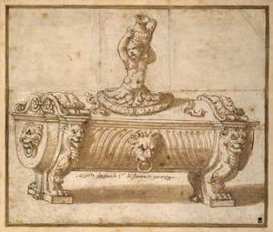 Design til en slikæske (pen og brun blæk med vask på papir) af Giulio Romano