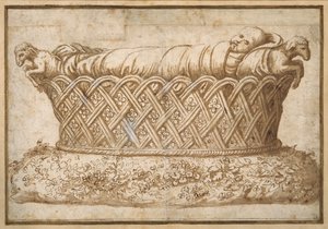 Design til et spædbarns grav (pen og brun blæk med brun vask på papir) af Giulio Romano