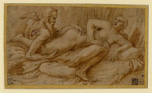 Erotisk scene af Romano, Giulio (1499-1546), efter 1524 - Pen, pensel, brunt indisk blæk, hvid farve, sort kridt på papir