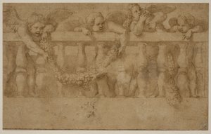 Fire vingede putti dekorerer en balustrade med guirlander af Giulio Romano