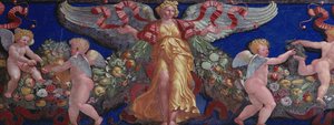 Frise fra Camera con Fregio di Amorini Amor-kammer Frise-detalje af en engel i en gylden kjole med spredte vinger, fresko fra 1520