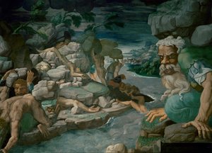 Kæmper, der forsøger at storme Olympos, bliver knust under faldende sten (freske) af Giulio Romano