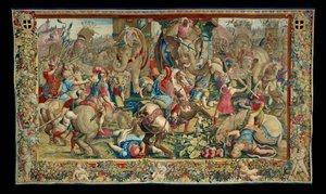 Historien om Scipio: Slaget ved Zama, Hanibals nederlag, tiende del af billedtæppet, uld og silke, billedtæppe ... af Giulio Romano