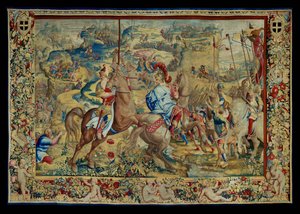 Historien om Scipio: Kampen på plateauet, fjerde del af gobelinen, uld og silke, gobelin ... af Giulio Romano