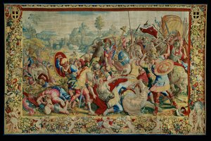Historien om Scipio: Slaget ved Ticino, første del af billedtæppet, uld og silke, billedtæppe ... af Giulio Romano
