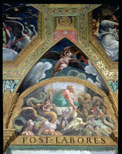 Lunette skildrer Psyche, der påtager sig en prøvelse, sat af Venus med at hente fra underverdenen en krukke, der indeholder Proserpines skønhed, fra Sala di Amore e Psiche, 1528 freskodetalje af 78427 af Giulio Romano