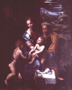 Madonna og barn med St. Anne og St. Johannes Døberen af Giulio Romano