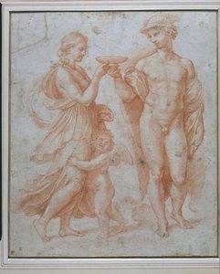 Merkur tilbyder udødelighedens bæger til Psyche (rødt kridt på hvidt papir) af Giulio Romano