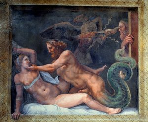 Olympia bliver forført af Jupiter, hvis tordenbolt bliver grebet af en ørn, der borer øjet på den jaloux konge af Makedonien, fra Sala di Amore e Psiche, 1528