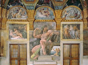 Olympia forført af Jupiter, Polyphemus vogter Acis og Galatea, Pasiphae kommer ind i koen bygget af Daedalus, fra Sala di Amore e Psiche af Giulio Romano