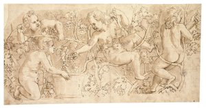 Putti plukker druer: Design til en frise af Giulio Romano