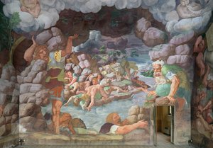 Sala dei Giganti, detalje af ødelæggelsen af kæmperne af Jupiters tordenbolte, 1536 fresco detalje af 78482 af Giulio Romano