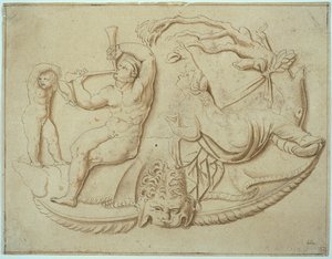 Satyr med to piber og Putto og kvinde, der drikker af træet af Giulio Romano