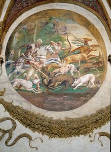 Scene, der viser, at de, der er født under kræftens tegn i forbindelse med stjernebilledet Mars, vil være dygtige til jagt og fiskeri, symboliseret ved en scene fra en jagt, fra Camera dei Venti, af Giulio Romano