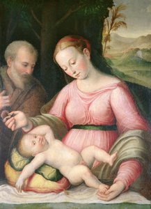 Den hellige familie i et bjergrigt landskab af Giulio Romano