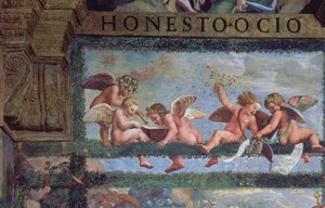 Den rustikke banket, detalje af putti, der laver musik, fra Sala di Amore e Psiche, 1528, fresko detalje fra 78428 af Giulio Romano