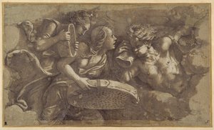 Vestal Tuccia med si (pen & brun blæk med brun vask på papir) af Giulio Romano