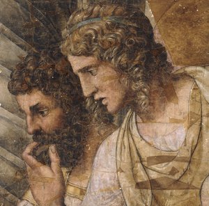 To mænd, brystlængde, ser ned: en tegneserie til et gobelin, af Giulio Romano