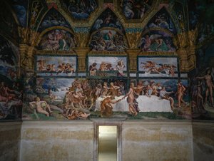 Bryllupsfest eller gudernes banket, freskomaleri af Giulio Romano (1499-1546), vestvæggen af Amor og Psykes kammer, Palazzo Te, Mantua (UNESCOs verdensarvsliste, 2008), Lombardiet, Italien af Giulio Romano