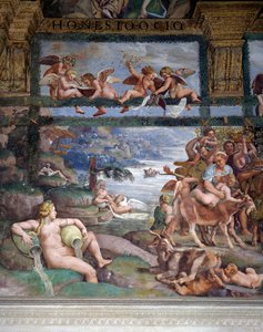 Bryllupsfest eller banket af guder, fresco af Giulio Romano (1499-1546), West Wall of Chamber of Cupid og Psyche, Palazzo TE, Mantua (UNESCO World Heritage List, 2008), Lombardy, Italien af Giulio Romano