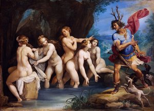 Diana og Actaeon - Maleri af Giuseppe Cesari (1568-1640), olie på kobber, ca. 1604, 50x69 cm - Diana og Actaeon, Olie på kobber af Giuseppe Cesari - Szepmuveszeti Muzeum, Budapest