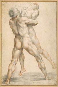 Hercules, der brydes med Antaeus (sort og rødt kridt på hvidt papir) af Giuseppe Cesari