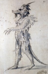 Design til en drage (pen, blåt blæk og akvarel på papir) af Giuseppe Arcimboldo