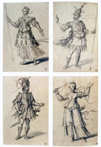 Guiseppe Arcimboldo (ca. 1530-1593) italiensk maler. Kostumedesigns til klassiske guder. Diana/Artemis og Mars/Ares. Guiseppe Arcimboldo (ca. 1530-1593) italiensk maler. Pen, blåt blæk og akvarel på papir. af Giuseppe Arcimboldo