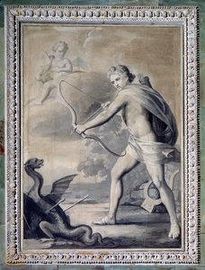 Apollon dræber slangen Python (monokrom tegning af Giuseppe Bacigalupo