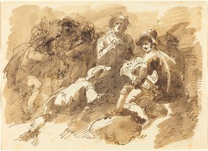 Et hyggeligt samvær med en mand, der spiller en Hurdy-Gurdy af Giuseppe Bernardino Bison