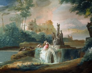 Galant scene af hyrder i et imaginært landskab, af Giuseppe Bernardino Bison (1762-1844)